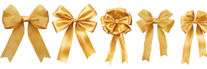 Set of golden, shiny gift ribbon bows with long satin ribbons, jpeg, png, transparent