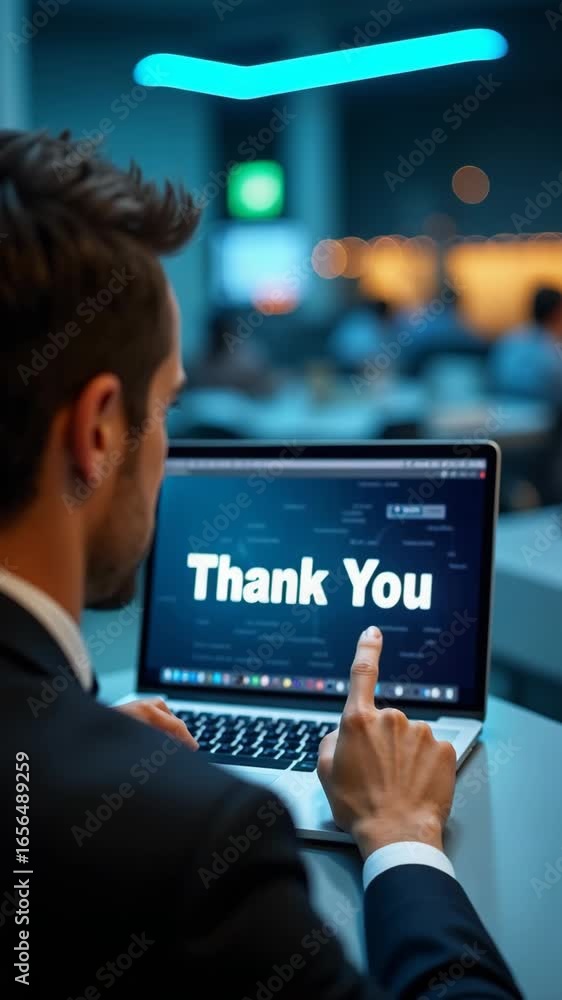 Poster businessman using a laptop and touching the message thank you on a display screen. concept of thank 