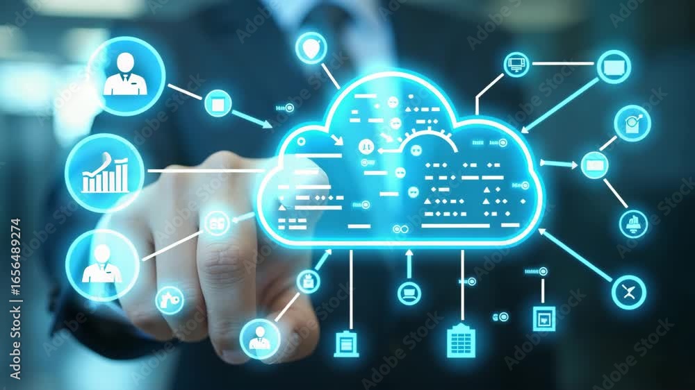 Poster business people touching on cloud computing diagram. cloud technology. data storage. networking and 