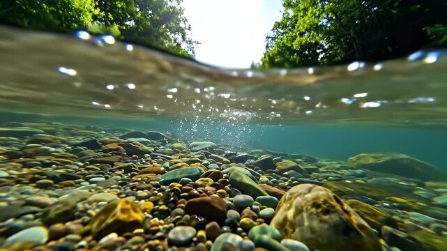 Riverbed pebbles are seen both below the water and above the water where trees are visible, creating a beautiful, natural split shot of a vibrant ecosystem.