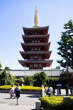Ancient holy Gojo no to Five Storied Pagoda of antique Sensoji temple for japanese people traveler travel visit and rite merit respect pray blessing worship at Asakusa on July 21, 2025 in Tokyo, Japan