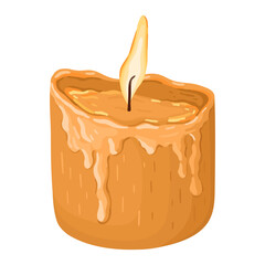 Cozy burning candle with melting wax. Vector illustration.