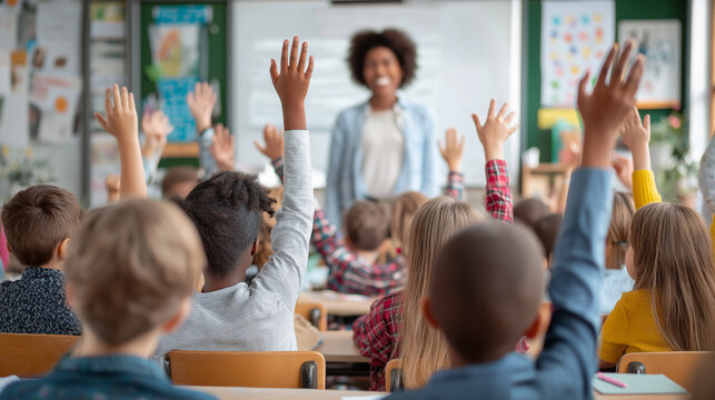 A high-quality image portraying active learning in a multicultural classroom: students in various attire take part in an enthusiastic lesson guided by a passionate educator in an academic setting.