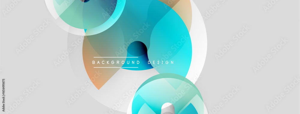 Poster abstract geometric shapes overlap. blue, teal, orange hues blend. minimalist design with text backgr