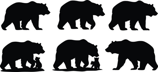 Black bear silhouette with cubs walking, wildlife nature scene, bear family, animal silhouettes, outdoor forest mammals, protective mother bear © MDALRAFIN