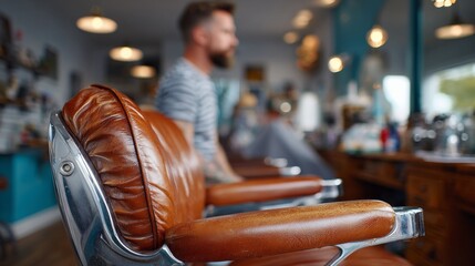 Modern barber chair in focus at a stylish barbershop showcasing sleek design and contemporary grooming style