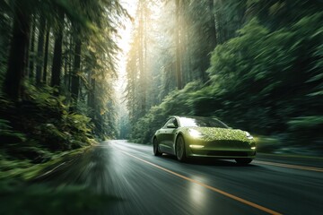 EV car, Electric car or hydrogen energy car on road midst forest and natural. Environmental friendly travel. Sustainable transportation and green logistic to Net zero carbon emission for Save earth