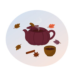 Vector autumn illustration of a teapot in the shape of a pumpkin
