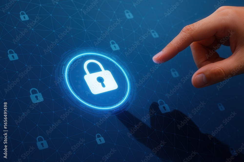 Poster cybersecurity system interface with padlock icon,data protection technology for online privacy,safe 