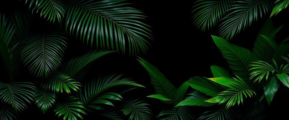 Lush, dark green tropical palm leaves and rainforest foliage against a black backdrop,  plant, tropical