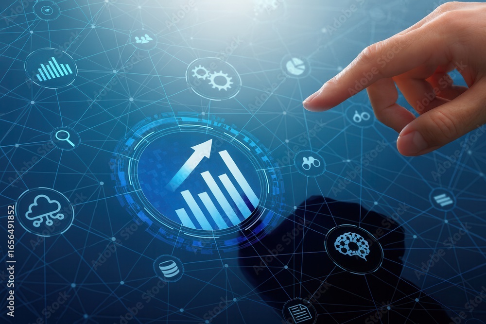 Poster analytics dashboard with rising bar chart supports business growth,hand touches virtual interface to