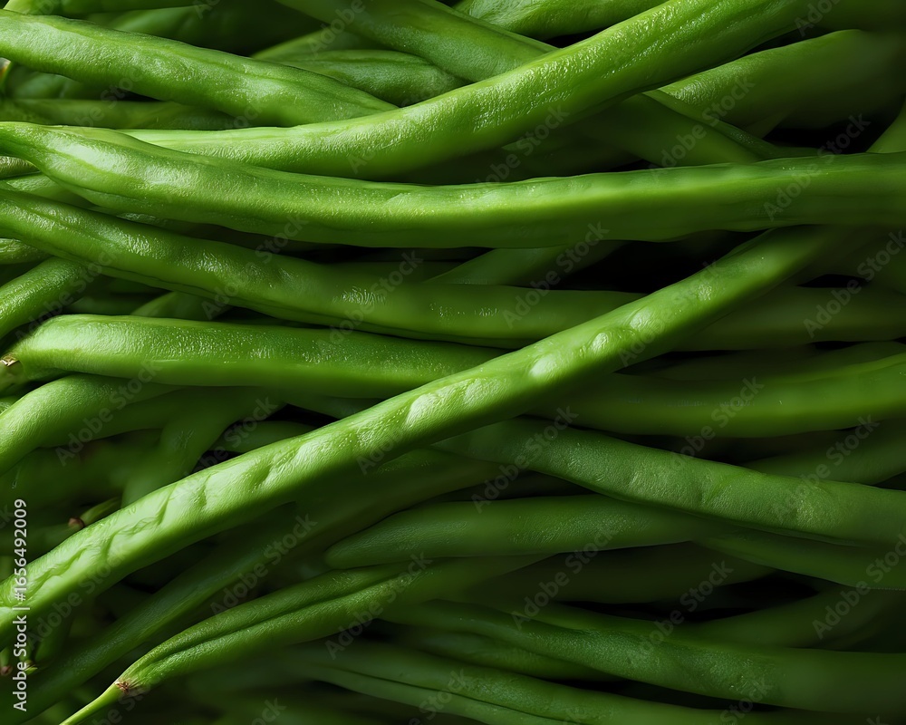 Poster fresh green string beans in macro view showing natural texture and pattern. raw organic vegetables b