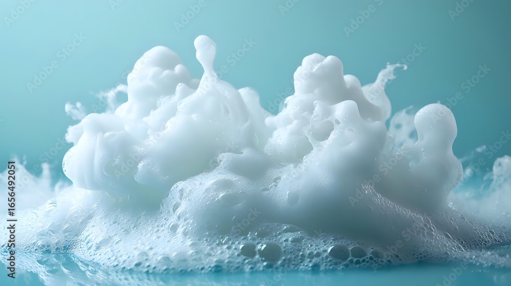 Poster ethereal white foam bubbles and clouds against turquoise background create dreamy atmospheric compos