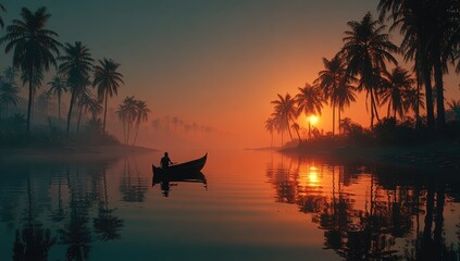 Silhouette of Person Rowing Boat at Tropical Sunrise