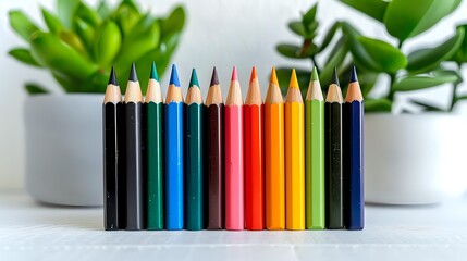 Colorful wooden pencils arranged in rainbow order against white background with green succulent plants. Creative education and art supplies composition.
