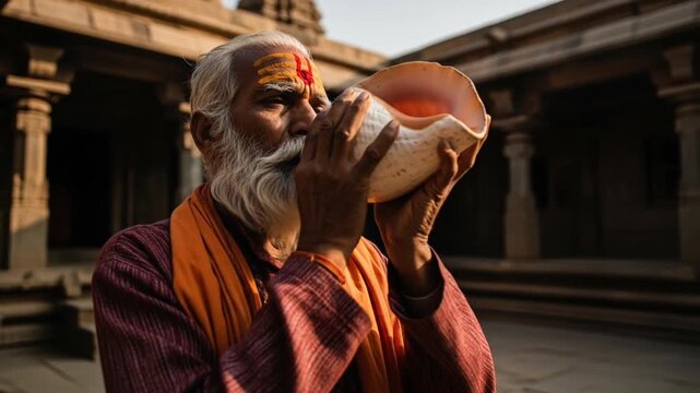 Gray Haired Man in Traditional Indian Outfit Blowing Conch Shell at Temple with Stone Pillars and Orange Sash in India
