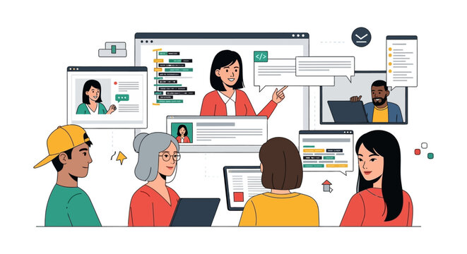 coding education online with a teacher explaining code to a diverse group of students on video call ideal for learning platforms and tech blogs.
