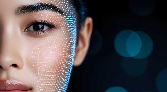 Close up portrait of Asian woman face with digital mesh overlay effect and blue bokeh background showing facial recognition and AI technology concept.