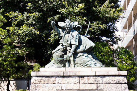 Ichikawa Danjuro and Shibaraku kabuki juhachiban Statue traditional Japanese theater art at outdoor garden park for japanese people travelers travel visit in Senso-ji temple at Asakusa in Tokyo, Japan