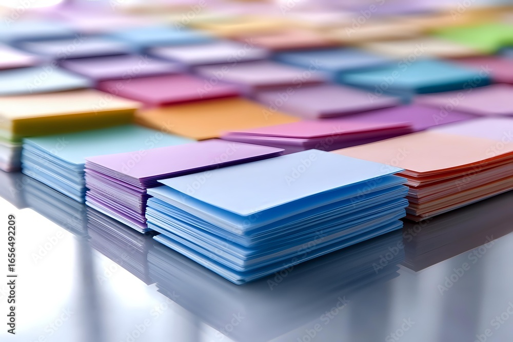Poster stacks of colorful paper notes arranged in neat rows on white surface with soft focus background, su