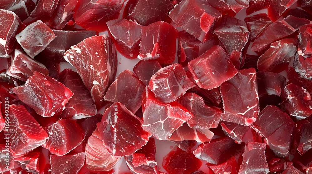 Poster red translucent crystal chunks with rough edges and facets create abstract geometric pattern with li