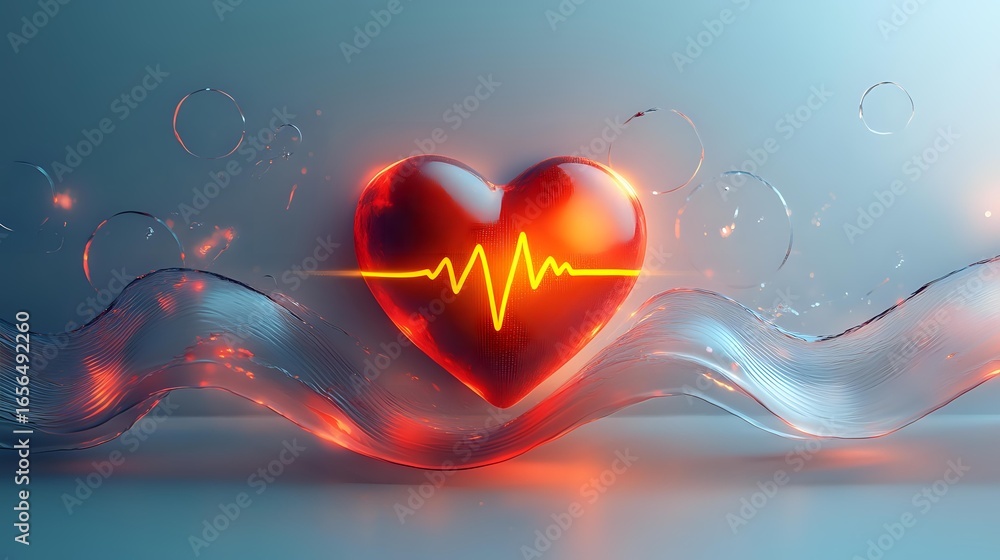 Aufkleber red glowing heart with electrocardiogram pulse line floating in ethereal atmosphere with light waves