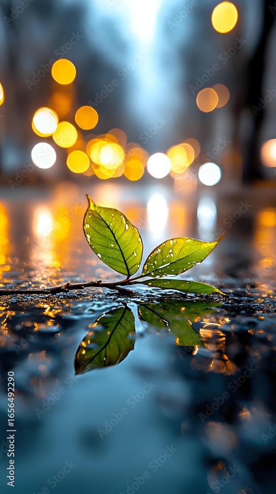 Aufkleber green leaf reflecting in puddle water with blurred bokeh lights in background creating magical eveni