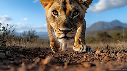 Female lioness close up portrait with intense gaze walking towards camera on dusty ground against mountain landscape background in African savanna.