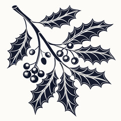 Elegant Monochrome Holly Branch with Berries: Festive Winter Design Element