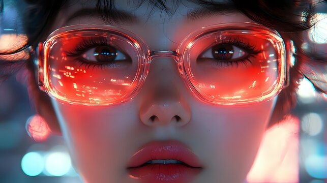 Young Asian woman wearing transparent glasses with red neon reflection, dramatic lighting and bokeh background creates futuristic cyberpunk mood. - Powered by Adobe