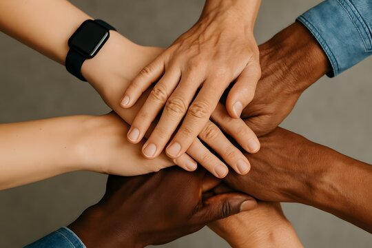 A close-up of a group of people holding hands together, symbolizing unity and partnership