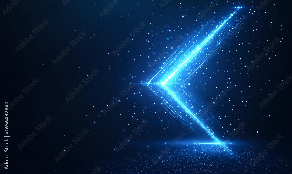 Poster glowing blue neon arrow pointing left with sparkle particles effect on dark background, modern digit