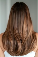 Naklejka premium Back view of long straight brown hair with caramel balayage highlights showing professional salon styling result on woman wearing white top.