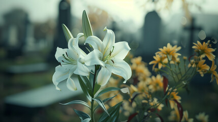 A bouquet of white lilies at a cemetery, set against a blurred gravestone background.