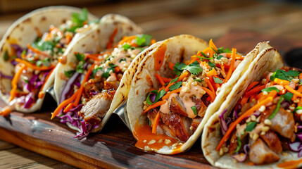 Korean BBQ tacos from a fusion food truck, spicy pork with kimchi slaw and cilantro-lime crema.