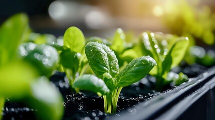 Young green seedlings growing in plastic nursery tray with soil, macro shot showing water drops on fresh leaves in natural light, spring gardening concept.
