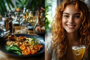 Vibrant dining collage featuring gourmet shrimp dish with fresh herbs and wine glass alongside portrait of young woman with curly red hair holding cocktail.