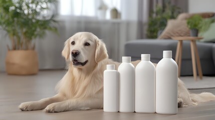 Golden retriever lying near white plastic bottles in modern living room interior with houseplants and furniture, pet care and grooming products concept.