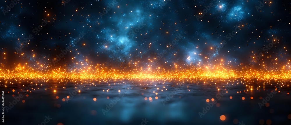 Aufkleber magical glowing golden and blue particles floating in dark space with bright sparkles and light refl