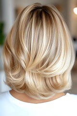 Fototapeta premium Blonde layered bob hairstyle with highlights and lowlights shown from back view, demonstrating professional hair coloring technique and modern cut styling.