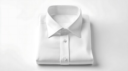 A crisp folded white dress shirt on a white background showcasing its clean lines and classic collar design for formal wear