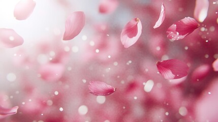 Delicate pink flower petals gently float and dance in the air, illuminated by soft light, creating a dreamy, ethereal scene