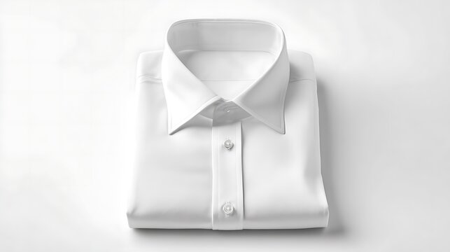A crisp folded white dress shirt on a white background showcasing its clean lines and classic collar design for formal wear