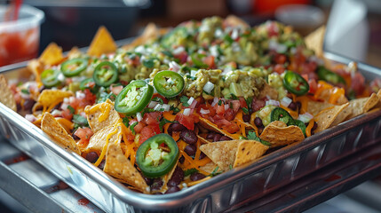 Loaded nachos from a food truck, overflowing with cheese, jalape?+/-os, beans, sour cream, and guacamole.
