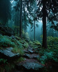 Fototapeta premium Spooky walk through foggy dark forest with tall trees