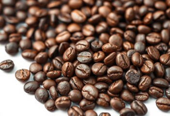 Close-up of roasted coffee beans, rich brown tones, isolated on white,  pattern,  beans