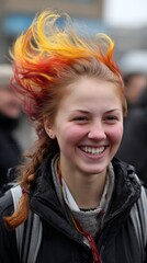 Young person with playful dyed hair enjoys a lively outdoor gathering on a cool day