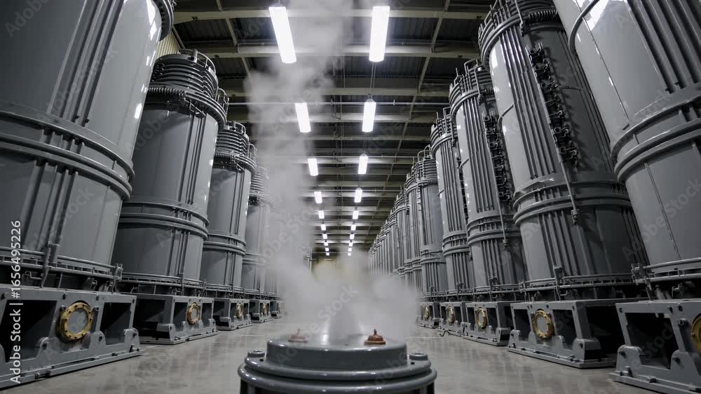 Poster Symmetrical View of a Transformer Hall with Rows of Large Industrial Transformers Emitting Steam, Creating a Serene and Industrial Atmosphere