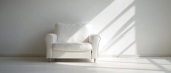 Simple White Armchair in a Bright Room with Sunlight Shadows