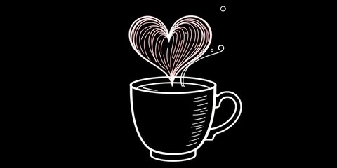 Continuous line drawing of upward-pointing heart, steaming mug, coffee aroma, hot drink, coffee